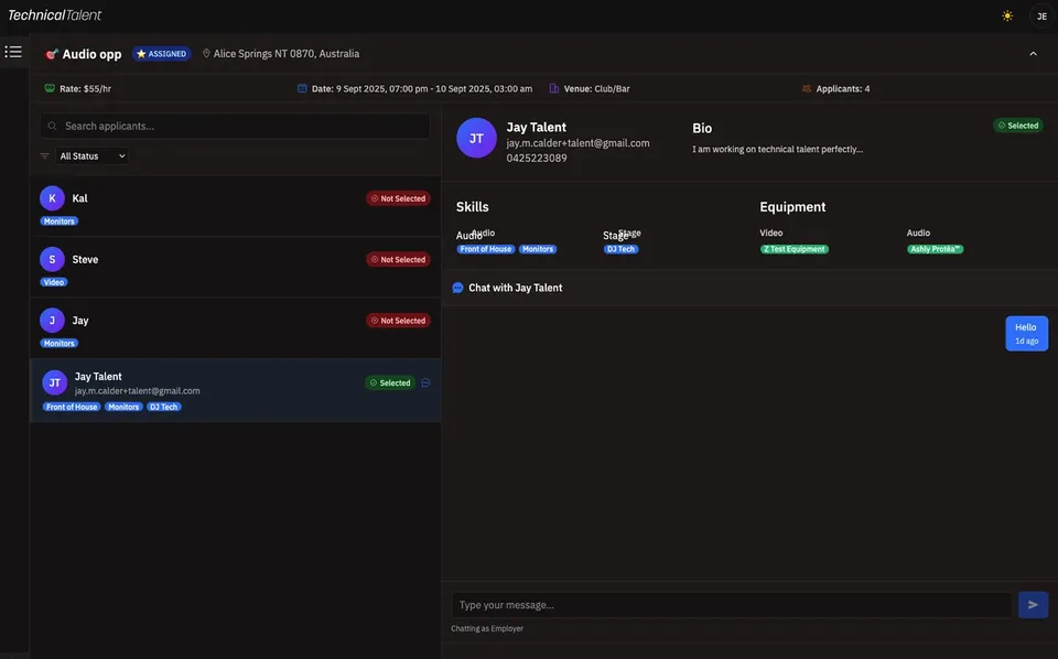 The TechnicalTalent crewing platform — reviewing applicants for a live event